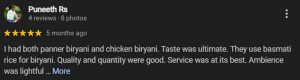 Customer appreciates food quality of Biryani at Bagara Biryani Cafe